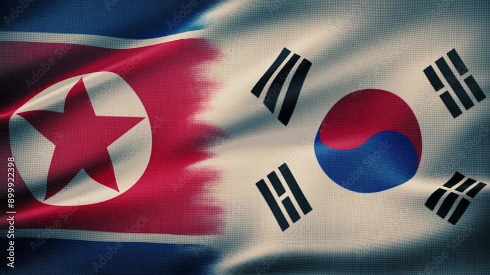 North Korea vs South Korea flag fluttering in the wind