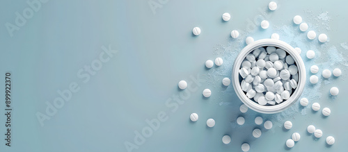 White pills scattered from a container on a light blue backdrop. Simple medical theme with a top-down view for easy customization, with space for further additions in the image.