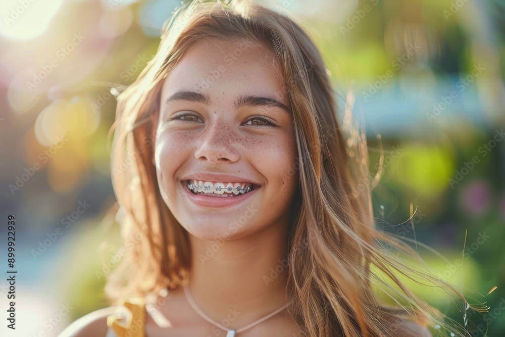 Fototapeta premium Smiling girl with braces on her teeth. Orthodontics and dental health