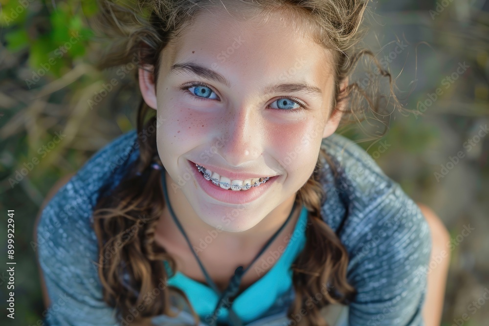 Smiling girl with braces on her teeth. Orthodontics and dental health Smiling girl with braces on her teeth. Orthodontics and dental health