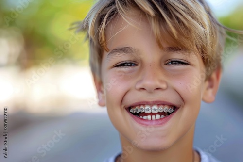 Smiling boy with braces on her teeth. Orthodontics and dental health