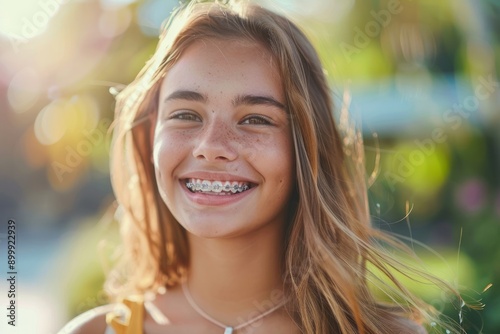 Smiling girl with braces on her teeth. Orthodontics and dental health photo