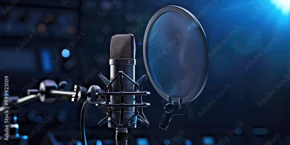 Fototapeta premium Professional studio microphone with dark blue background, for recording studios, broadcast setups, or podcasting environments, with copy space.