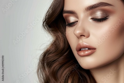 Sophisticated beauty shot of a woman with long, shiny hair and a subtle smoke eye makeup look