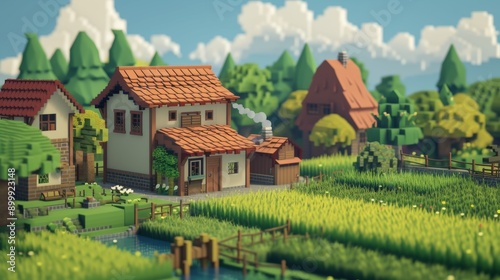 Wallpaper Mural Charming low-poly house set amidst vibrant green fields under a bright blue sky with fluffy clouds. The scene captures a serene rural landscape with quaint buildings, lush greenery, and a peaceful Torontodigital.ca