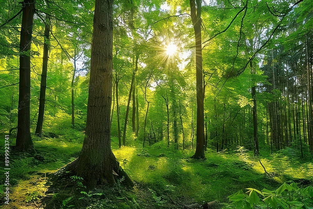 Fototapeta premium Sunlight filters through the trees in a serene forest, casting a warm glow over the lush greenery
