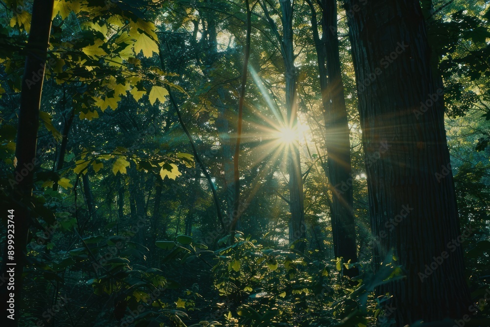Obraz premium Sunlight filters through the trees in a serene forest, casting a warm glow over the lush greenery