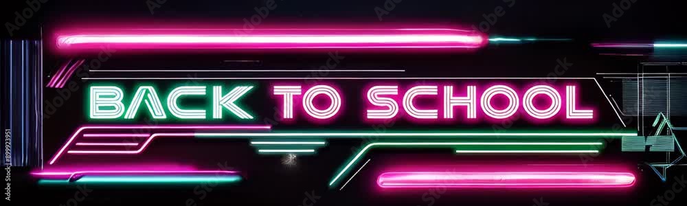 Bright neon sign Back to School Sales with colorful, vibrant text and graphics on a dark background. The sign features blue, yellow, and pink neon lights. Web site banner Bright neon sign Back to School Sales with colorful, vibrant text and graphics on a dark background. The sign features blue, yellow, and pink neon lights. Web site banner