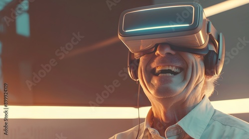 A realistic depiction of an older woman with gray hair smiling while using virtual reality headset photo