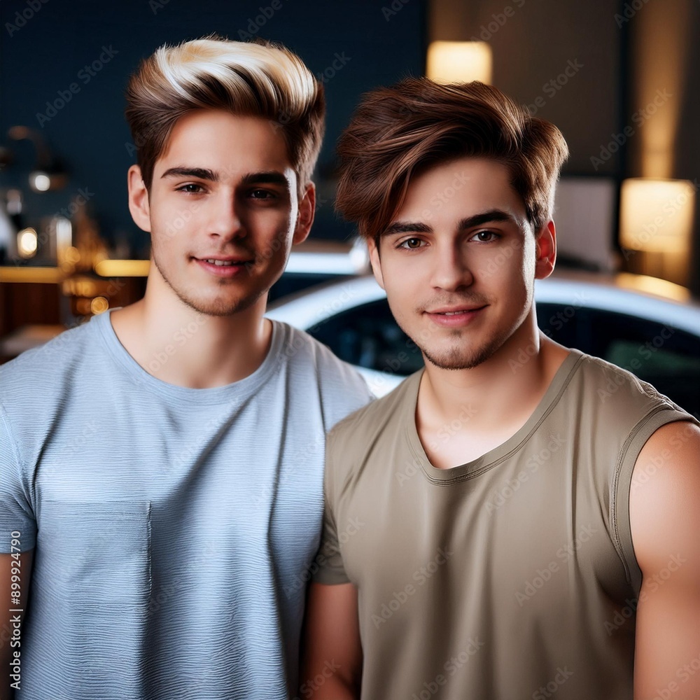 young boys with nice hair style in front of the car young boys with nice hair style in front of the car