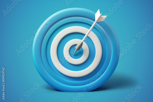 3D icon of blue and white dartboard with an arrow in bullseye representing accuracy and success