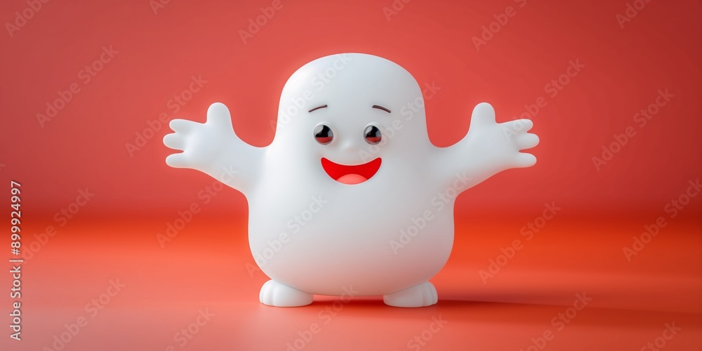 A cheerful cartoon ghost character with a smiling face and outstretched arms against a soft red background A cheerful cartoon ghost character with a smiling face and outstretched arms against a soft red background
