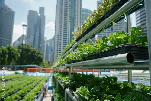 Vertical farming in a modern cityscape, promoting urban agriculture photo