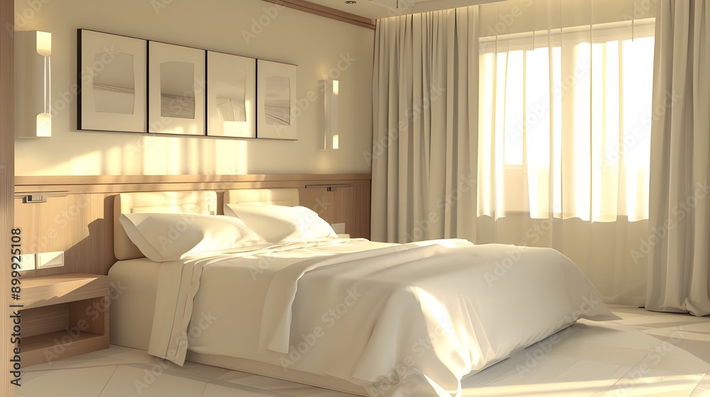 Minimalist bedroom with white bedding, wooden accents, and soft natural lighting Minimalist bedroom with white bedding, wooden accents, and soft natural lighting