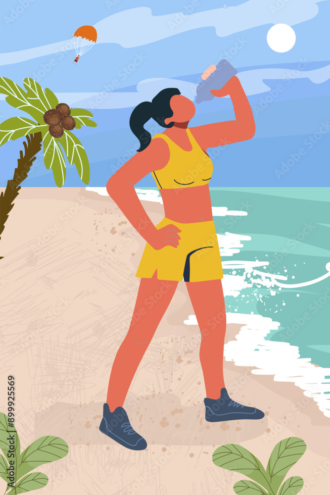 Girl, woman with a bottle of water after jogging, runner, training against the background of the panorama of the sea, ocean, on summer vacation, sunset, sunrise.  Flat vector illustration