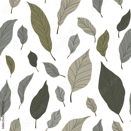 Seamless pattern with leaves on white background. Hand drawn illustration.