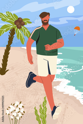 Jogging against a colorful seascape, ocean coastline, people engaged in vigorous outdoor exercise. Hand drawing.