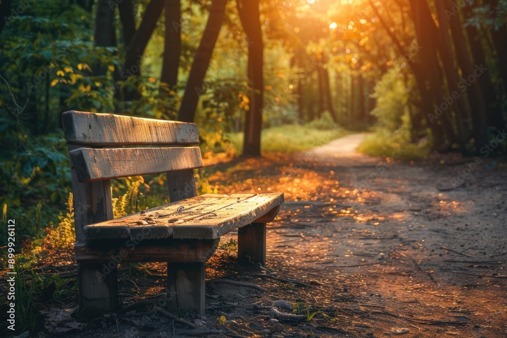 wooden bench on park near a forest with trees and beautiful light wooden bench on park near a forest with trees and beautiful light