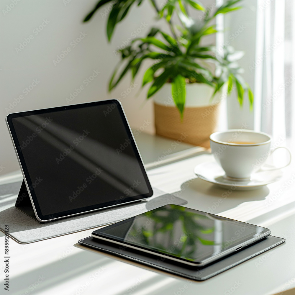 Modern home office desk with laptop and coffee mug by a window.