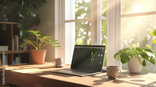 Modern home office desk with laptop and coffee mug by a window.