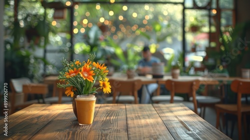 Modern co-working building relaxation lounge are or spacious bright cafe. Closeup to wooden table with chairs and blurred background with cafe area and barista serving organic drinks