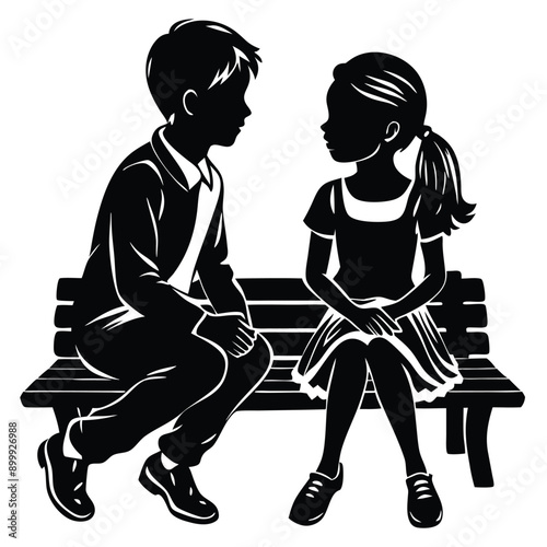 girl friend and boy friend sitting together on a bench, vector silhouette