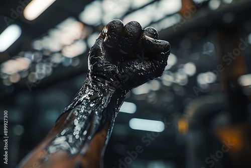 Workera??s hand covered in black oil, fist raised in modern factory, cinematic, hyper realistic photography, bokeh effect. photo
