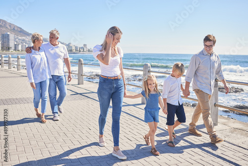 Fotografie Family, walking and generations for love on beach, promenade and happy support in outdoor