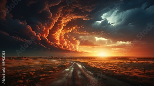 A dramatic thunderstorm over a prairie landscape photo