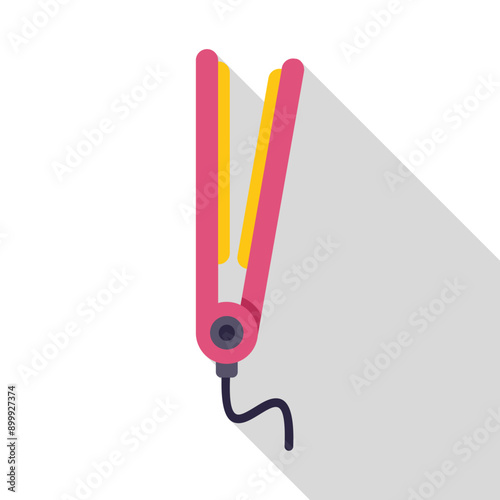 Pink hair straightener with long shadow on white background, depicting concept of hair styling