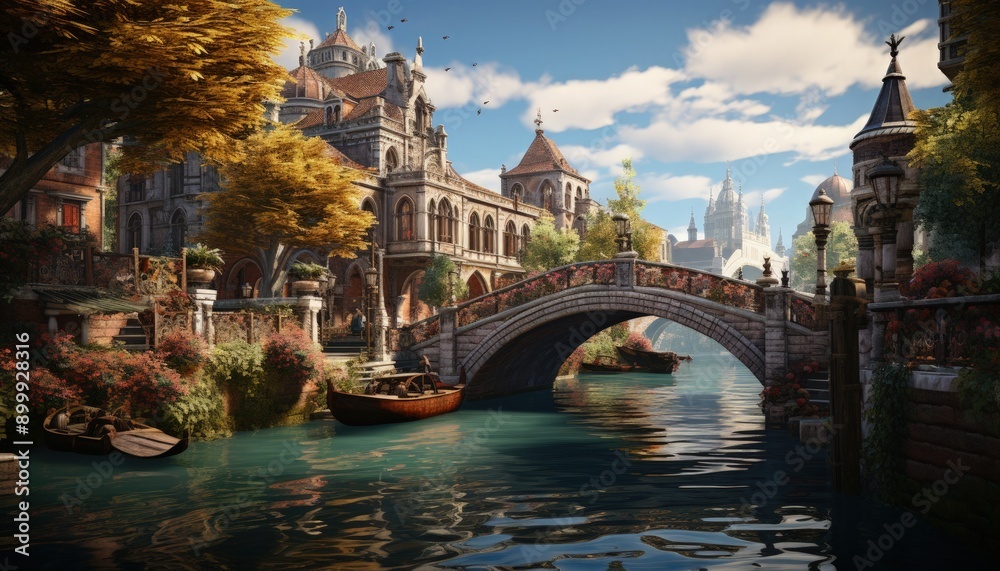 Fototapeta premium The romantic canals of Venice with gondolas and bridges