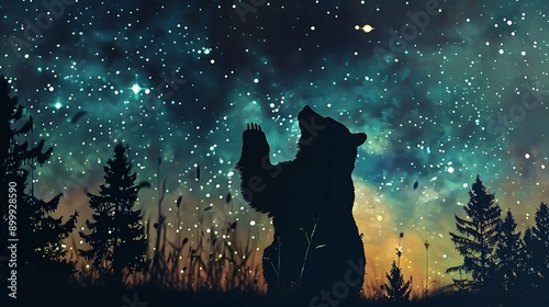 Create a whimsical scene with a bear silhouette reaching toward star constellations.