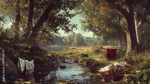 Peaceful riverside setting with clothes drying on lines, surrounded by lush greenery and a calm river. The scene captures a nostalgic and tranquil rural life moment.