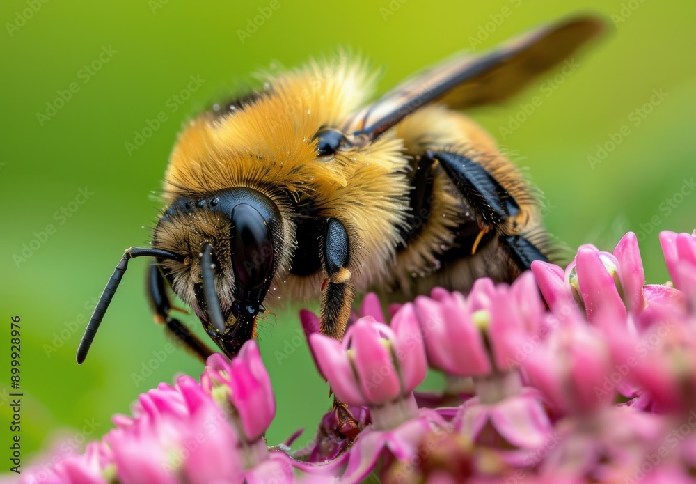 bee on a purple milkweed flower against a green background bee on a purple milkweed flower against a green background