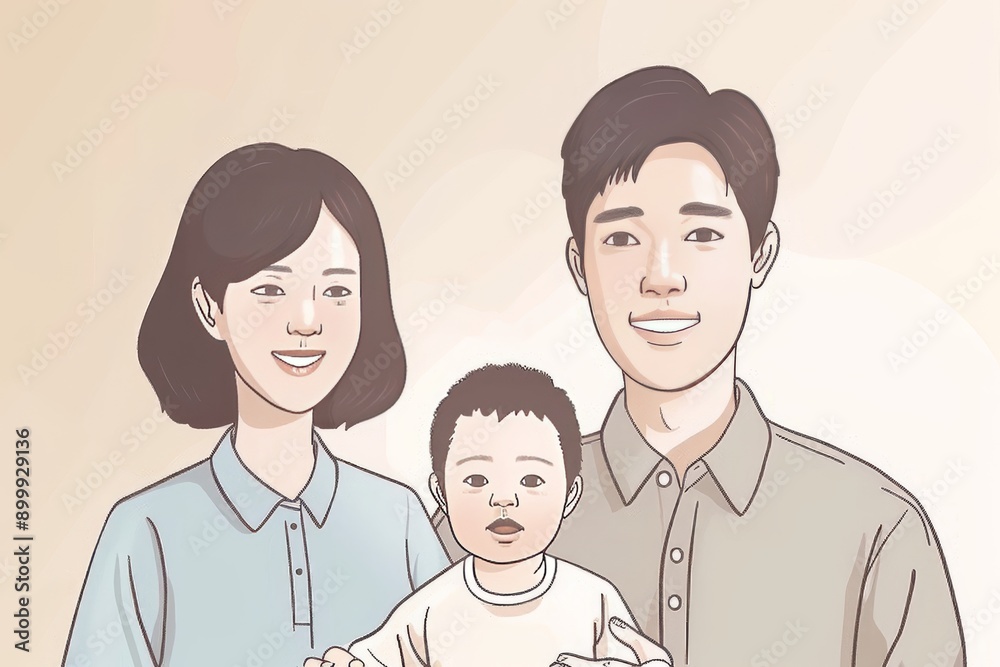 Obraz premium Family portrait illustration with parents and baby in a modern style showcasing love care and unity