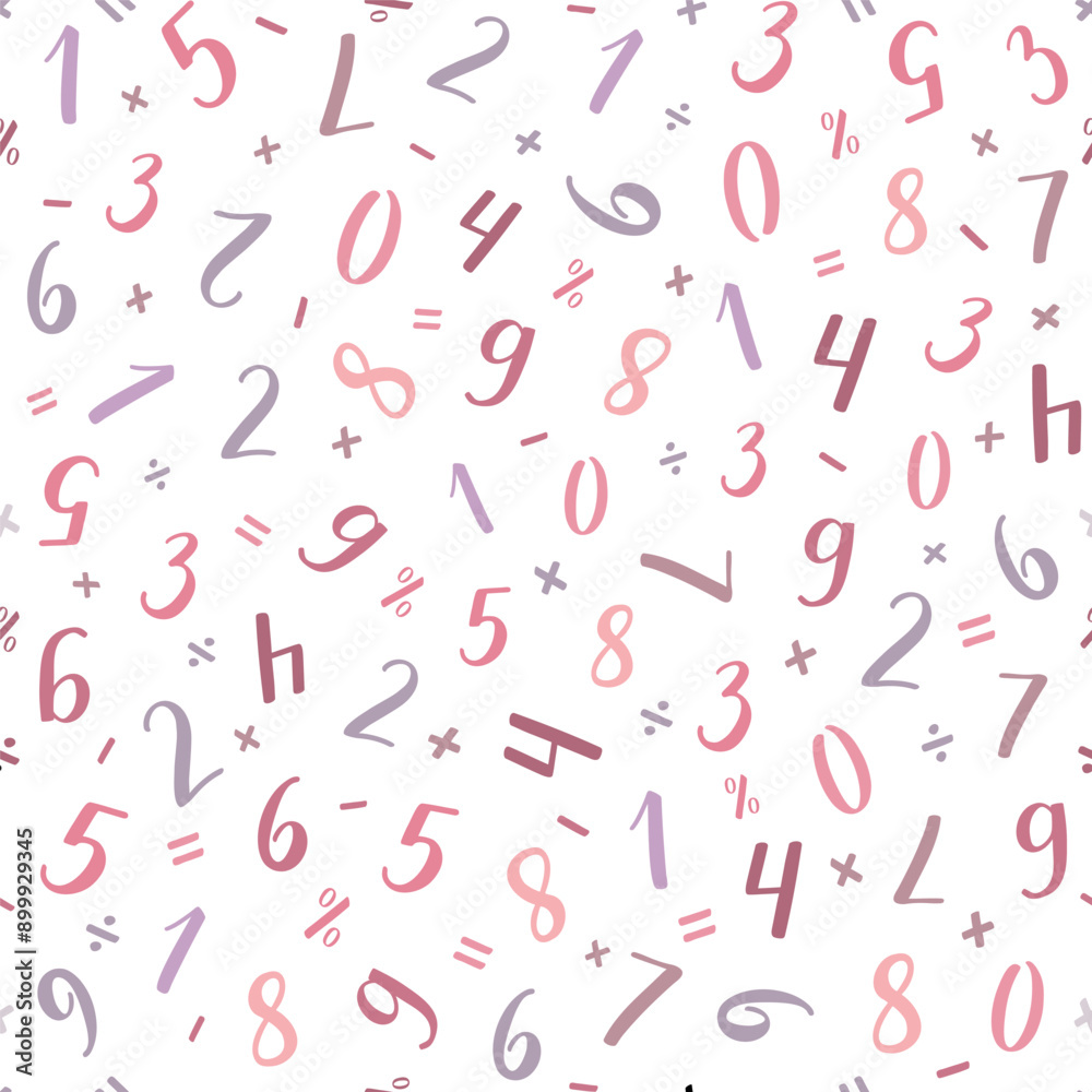 Numeral vector seamless pattern. Handwritten lettering modern brush calligraphy. Hand-drawn figures 1, 2, 3, 4, 5, 6, 7, 8, 9, 0 and mathematical symbols. Pink, rose, purple, viole, girl colours. Numeral vector seamless pattern. Handwritten lettering modern brush calligraphy. Hand-drawn figures 1, 2, 3, 4, 5, 6, 7, 8, 9, 0 and mathematical symbols. Pink, rose, purple, viole, girl colours.