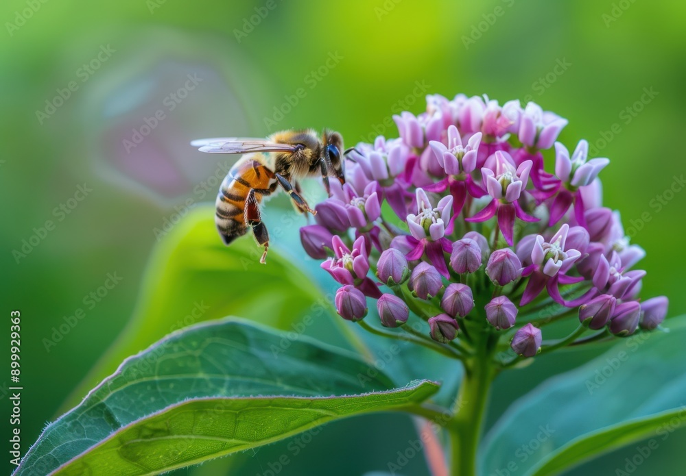 bee on a purple milkweed flower against a green background bee on a purple milkweed flower against a green background