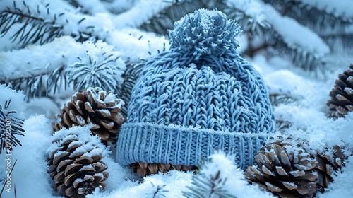 Create a winter-themed scene with a beanie near frost-covered pine cones.