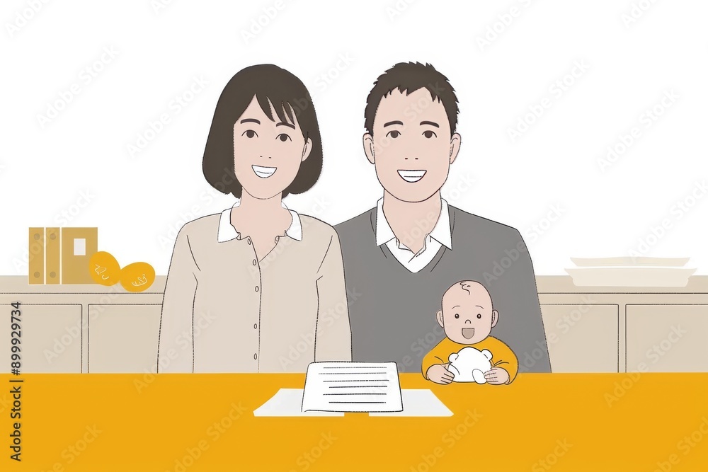 Simple family illustration with parents and children at a table showcasing love unity and everyday life in a minimalist style Simple family illustration with parents and children at a table showcasing love unity and everyday life in a minimalist style