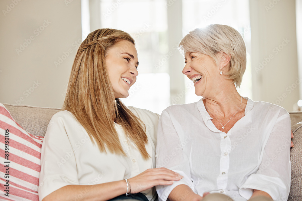 Home, smile and woman with senior mother on sofa for bonding connection, love and care on weekend. Relax, family and people with hug in living room for conversation, happiness and visit in house Home, smile and woman with senior mother on sofa for bonding connection, love and care on weekend. Relax, family and people with hug in living room for conversation, happiness and visit in house