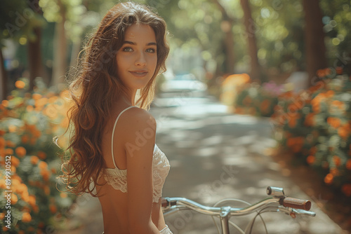 A woman is riding a bicycle in a park