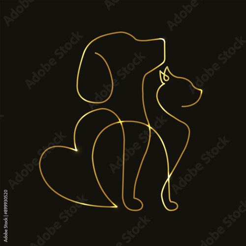 Pet love. Animal care. Pets cat and dog love concept. Line art. Pet Shop. For store, veterinary clinic, hospital, shelter, business services. Glowing gold line. Isolated on black background. Pet care