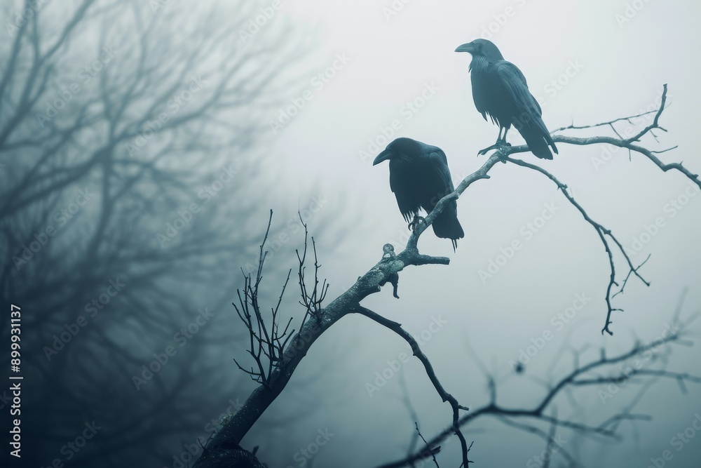 Fototapeta premium Two black birds perched on a tree branch, Ravens perched on bare tree branches in a foggy scene, AI Generated
