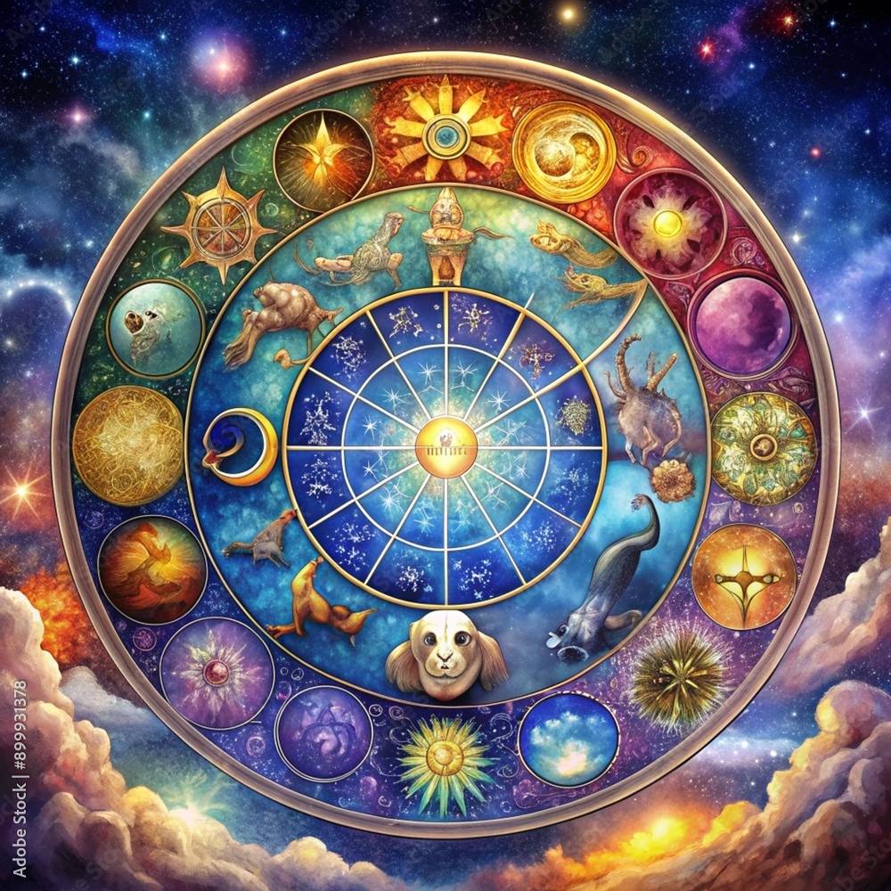 Zodiac signs inside of the horoscope circle. Astrology in the sky, horoscopes concept