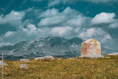 old tomb stone in the ancient cemetery, XIII century, Montenegro photo