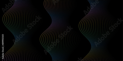 Abstract background with dots and waves. Medium banner size. Element for design. Vector background for brochure, booklet, flyer, poster. Colorful and black gradient. Dark, night