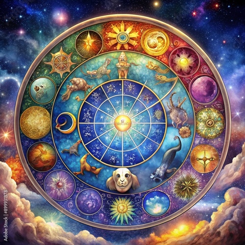 Obraz na płótnie Zodiac signs inside of the horoscope circle. Astrology in the sky, horoscopes concept w salonie
