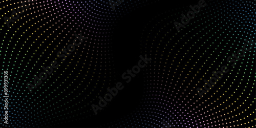 Abstract background with dots and waves. Medium banner size. Element for design. Vector background for brochure, booklet, flyer, poster. Colorful and black gradient. Dark, night