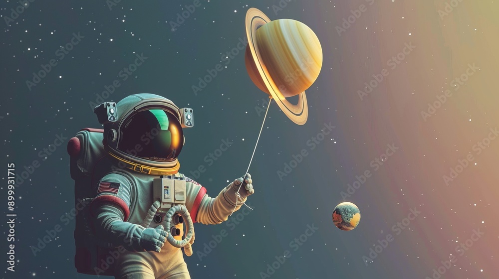 Naklejka premium Astronaut Floating in Space Holding Balloons made of planet