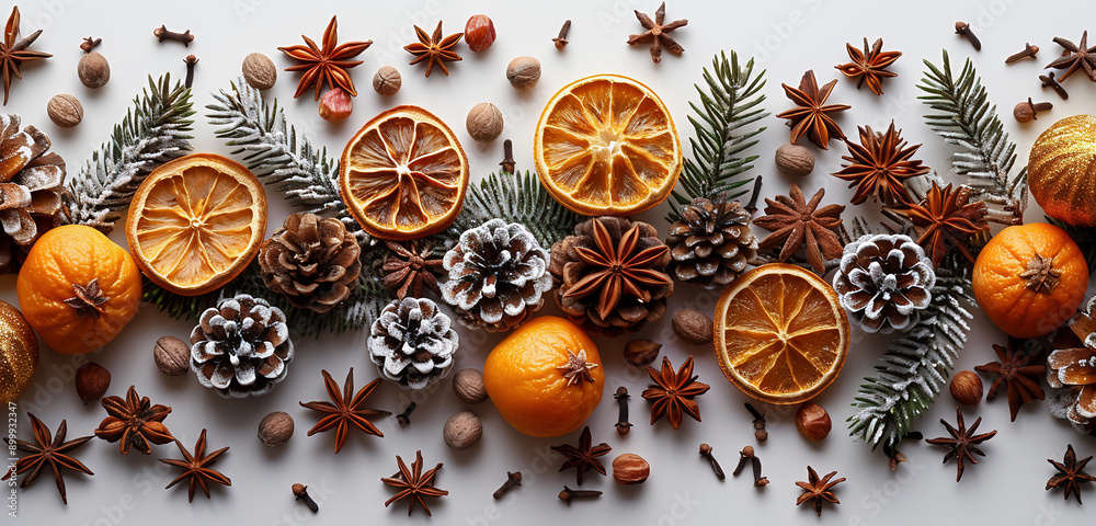Christmas decoration and dried fruits and spices on a white, plain background. Top view Christmas decoration and dried fruits and spices on a white, plain background. Top view